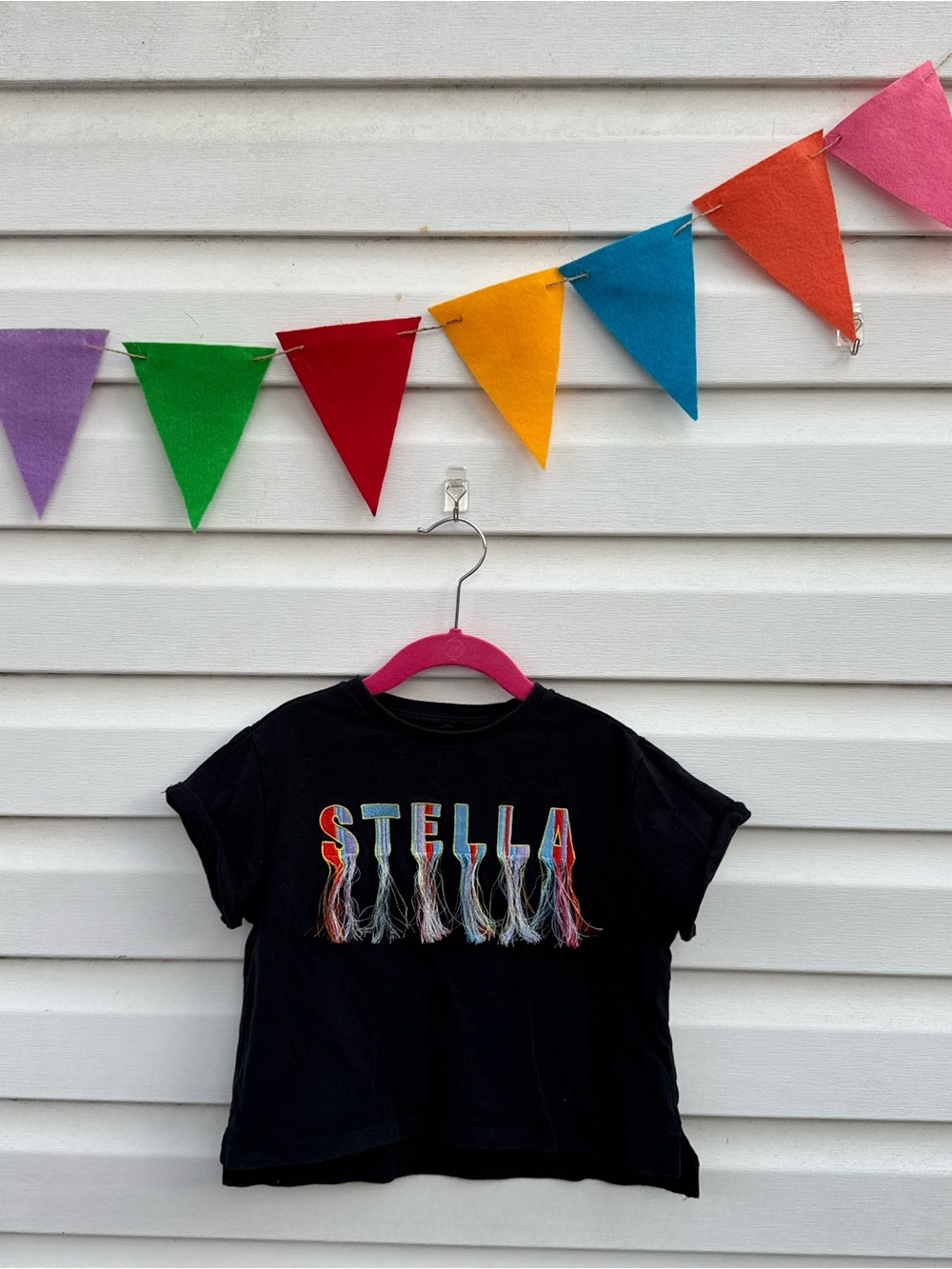 Stella McCartney Black Tee with Multicolor Fringe Logo